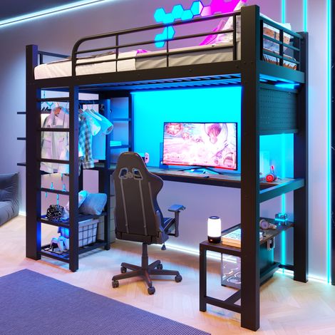 Cama alta moderna 90x200 cm de metal negro con escritorio, LED, estantes, barra para colgar y panel perforado (1/5)