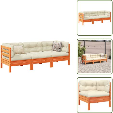 3-tlg. Garten-Sofagarnitur mit Kissen Wachsbraun Kiefernholz - Gartengestell - Gartenmöbeln - Rattan Möbel - Kiefernholz Gartenmöbel - Gartenlounge