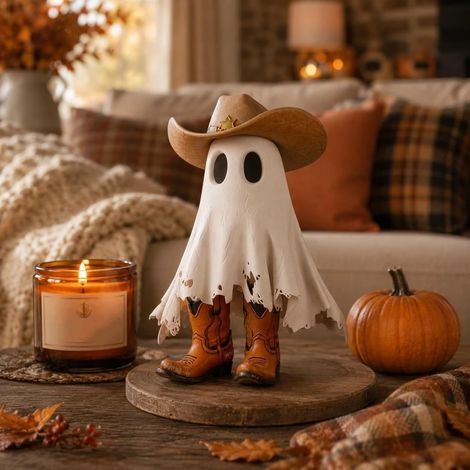 Figurine de fantôme de cowboy blanc de 16 cm, décoration de table d'Halloween occidentale, mini décoration effrayante pour cheminée, étagère et plateau à étages (1/5)
