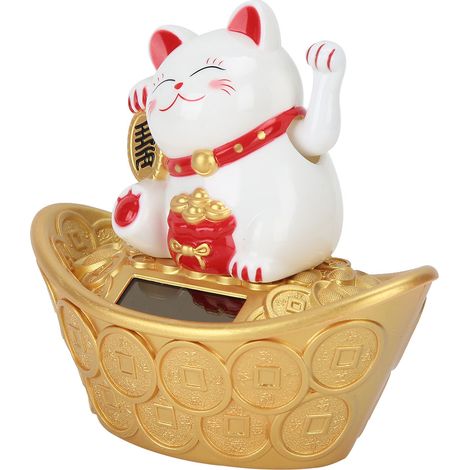 Chat porte-bonheur solaire mignon de dessin animé faisant coucou de bienvenue, décoration pour la maison, le restaurant ou le magasin (blanc). (1/5)