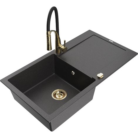 Mexen Leo lavello in granito monovasca con scolapiatti e rubinetto da cucina Aster, nero maculato - 6501-76-73450-57-G (1/5)