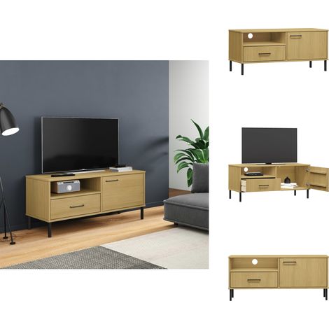 Meuble TV avec pieds en métal Marron Bois de pin massif OSLO - Meuble Tv - Meuble Televison - Rangement Tv - Support Tv - Unité Tv (1/5)