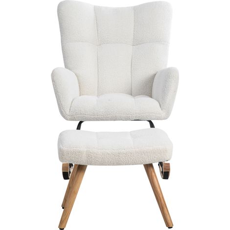 Weißer Schaukelstuhl mit Fußhocker, 92 cm hoch, Bouclé, Gestell aus Kautschukholz (1/5)