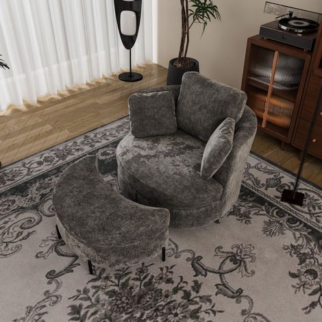 Poltrona girevole di design a 360° - Sdraio relax con 3 cuscini - Struttura in legno massello e metallo - Chenilla grigia (1/5)