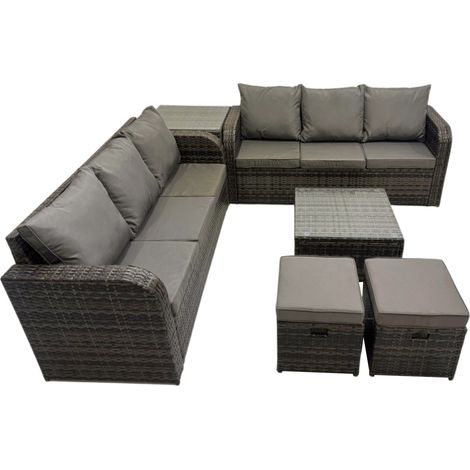 Fimous Rattan Garden Outdoor Furniture Set 3 Seater Sofa Square Coffee Table Set with Side Table Dark Grey Mixed (1/5)