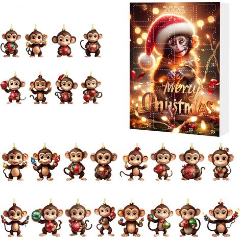 Calendrier de l'Avent de Noël, boîte surprise, pendentif singe dessin animé en acrylique, décoration pour sapin de Noël, coffret cadeau A (1/5)