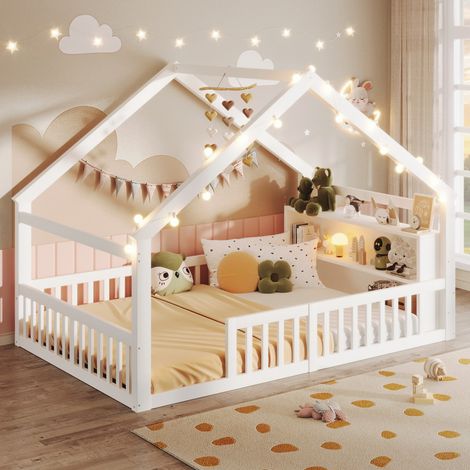 Lit enfant pin blanc 140x190 cm style minimaliste avec barrière sécurité et éclairage LED, lit plat pour chambre d’enfant, lit double (sans matelas) (1/5)