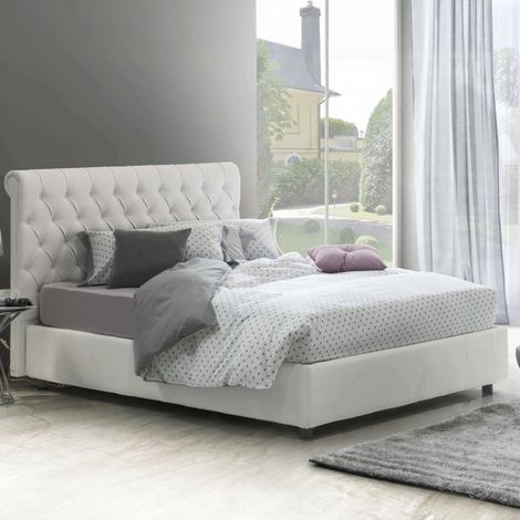 Dmora - Cama matrimonial Dbeca, Cama contenedor y cabecero en ecopiel, 100% Made in Italy, Apertura frontal, Blanco, con colchón de 160x190 cm incluido (1/5)