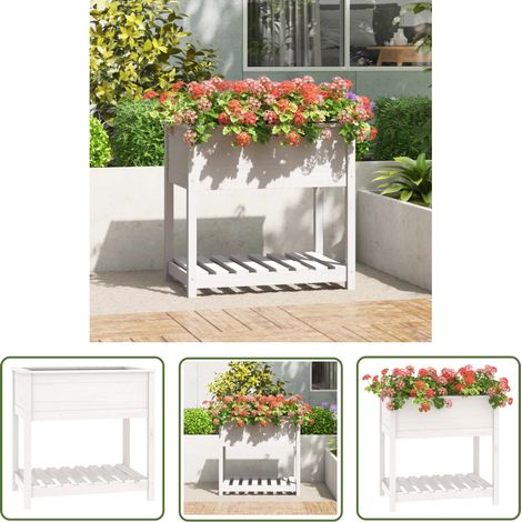 The Living Store Jardinière avec étagère Blanc 82,5x54x81 cm Bois massif de pin - Jardinier - Jardinière - Plante - Décoration Extérieur - Terrasse (1/5)