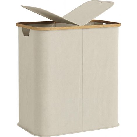 Panier à linge double pliable 80 L corbeille à linge sale avec couvercle, poignées rainurées, beige (1/2)