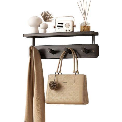 Étagère de Cintres Mural en Bois - Avec 4 Crochets - 40 cm de Long - Noir - Stable et Solide - Design Pratique - Facile à Monter (1/4)