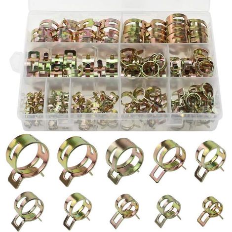 ZOLGINAH 120 Pièces Clip à Ressort Metal 10 Taille Tuyau Serre-joints Tuyaux Colliers de Clip Réglable Double Oreille Tube Attaches Assortiment Kit avec Boîte de Rangement pour Tuyau D'eau Tuyau D'air