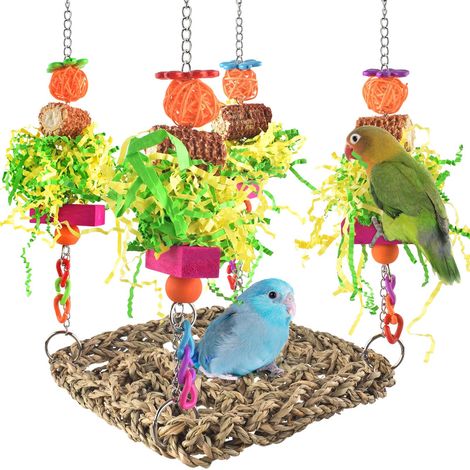 Balançoire tapis en jonc de mer naturel pour oiseaux, jouets à picorer et déchiqueter suspendus, accessoires d’enrichissement de cage pour perroquets adaptés aux conures, calopsittes, inséparables, pe (1/5)