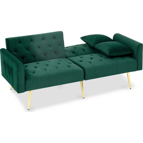 Sofá de 2 plazas de terciopelo verde, respaldo reclinable en 3 posiciones, 2 cojines (1/5)