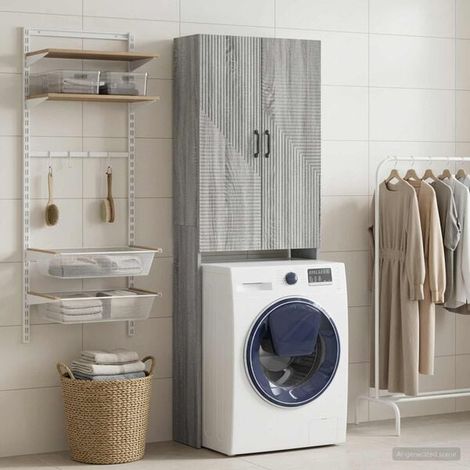 Meuble de Rangement Salle de Bain HAARLEM, Armoire de Douche en Bois Effet Chêne Sonoma Gris, 66 x 25,5 x 190 cm, Étagère de Toilette Verticale avec Portes (1/5)