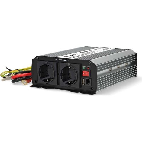 Nedis Power Inverter änderte Sinus-Wellen / Eingangsspannung: 24 V DC / Geräteausgangsanschluss: Type F (CEE 7/3) / USB-A / 230 V AC 50 Hz / 1000 W / Spitzenleistung: 2000 W / Schraubklemme / Silber