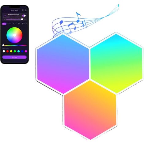 Applique LED esagonali da parete, sincronizzazione musicale, controllo tramite app e telecomando, set di 3 luci LED esagonali. (1/2)
