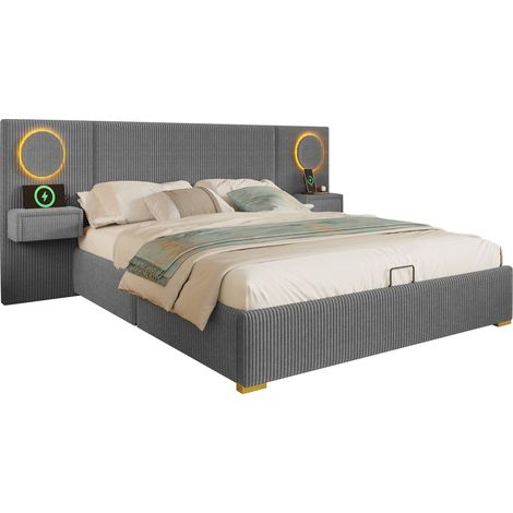 Lit coffre 180x200 cm en velours gris avec tête de lit LED, ports USB et rangement hydraulique, idéal pour chambre moderne et pratique - CHICFURN (1/5)