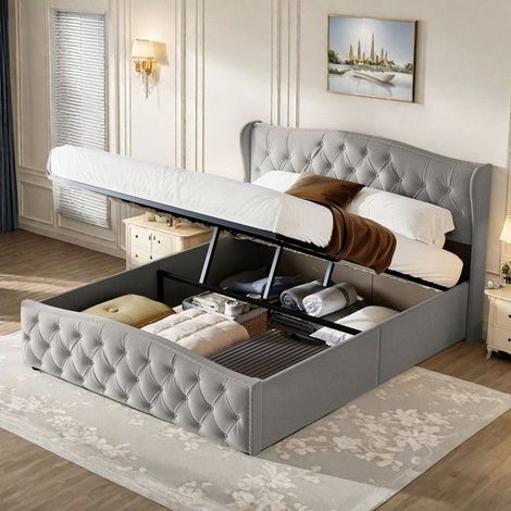 Cama de almacenamiento 160x200 cm - Tejido de terciopelo gris - Sistema de elevación hidráulico - 2 plazas - Estética retro (1/5)