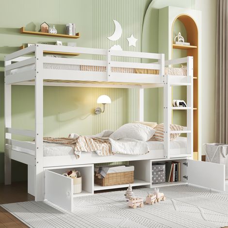 MEUBLIV Lit superposé enfant en boiset MDF avec étagères et rangements intégrés transformable en deux lits simples blanc 90 x 200 cm