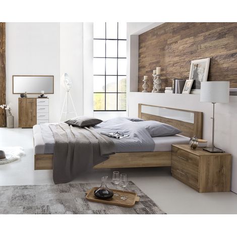 Chambre à coucher en panneaux de particules imitation chêne poutre/blanc/chrome - Dim: 180 x 200 cm - PEGANE -