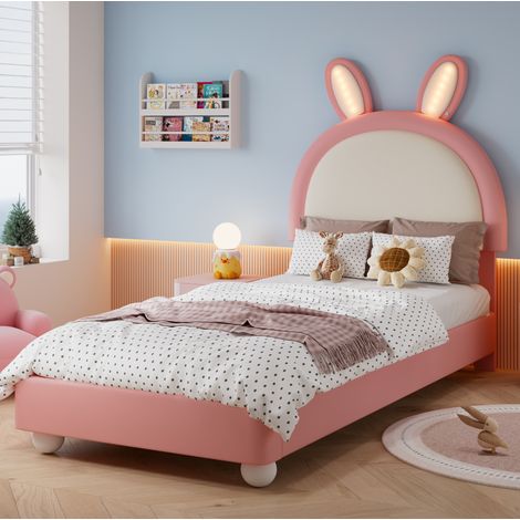 Lit enfant 90x200 cm avec LED, tête de lit lapin, bord antichoc, sommier à lattes, PU rose et blanc (1/5)