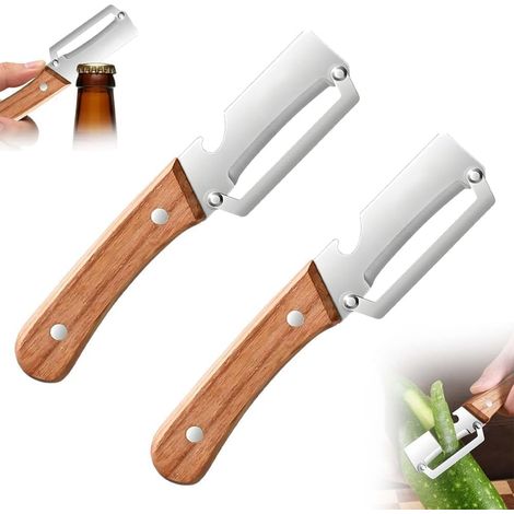 Éplucheur de Légumes 2-en-1 avec Manche en Bois – Couteau Éplucheur Multifonction en Acier Inoxydable avec Ouvre-Bouteille, Outil de Cuisine Ergonomique et Antidérapant (2PCS) (1/5)