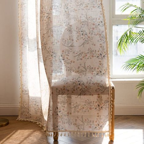 Rideaux à panneaux uniques, imprimé floral, style bohème champêtre, semi-transparents avec pompons (150x240cm) (1/5)