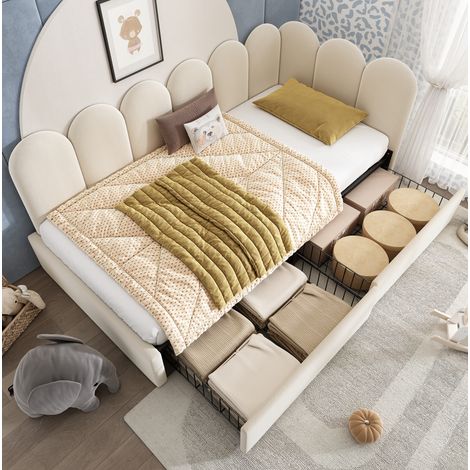 Samtbett 90x190 cm Beige aus Samt mit 2 Schubladen und L-förmigem Rahmen (1/5)