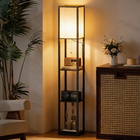 Lampada a Terra 40W con 3 Mensole Integrate e Interruttore a Tirante, Lampada Moderna in MDF e PS, 26x26x160 cm, Nero e Bianco (1/5)