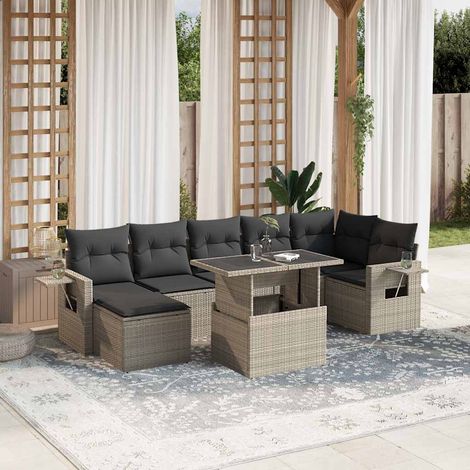 Ensemble de salon de jardin 8 pièces en résine tressée gris clair avec coussins anthracite et table à hauteur réglable (1/5)