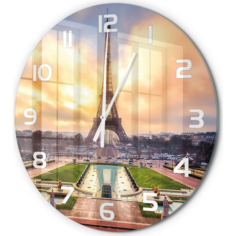 Horloge Murale Ronde Style Classique Verre Trempé Silencieuse pour Maison Tour Eiffel, Paris fi 60 cm (1/5)
