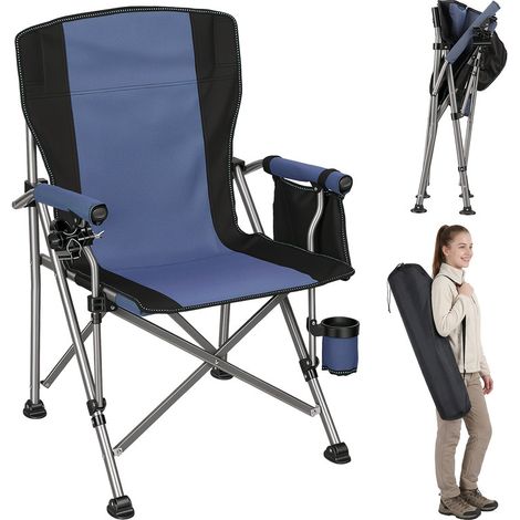 FLASIDU – Tragbarer klappbarer Campingstuhl – Angelstuhl mit Getränkehalter, Seitentasche und Tragetasche – robuster Stahlrahmen, belastbar bis 150 kg, blau, zum Angeln, Camping, Strand, Garten