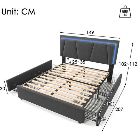 Lit rembourré double 140×200cm gris,LED,4 tiroirs,tête réglable,rangement,base à lattes bois,sans matelas