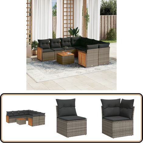 9-tlg. Garten-Sofagarnitur mit Kissen Grau Poly Rattan - Gartenmöbel Set - Rattan Möbel - Outdoor Lounge - Esstisch - Sofasatz