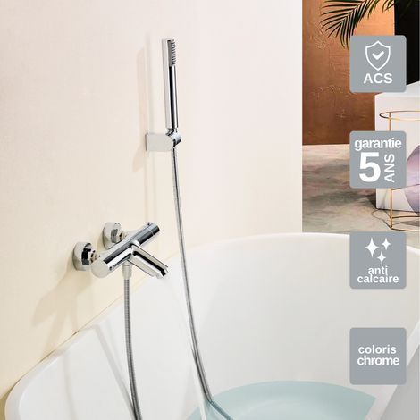 Mitigeur Bain/Douche Thermostatique chromé Pommeau Anti-Calcaire - Design Moderne - Kit Complet MONZA IMEX (1/4)