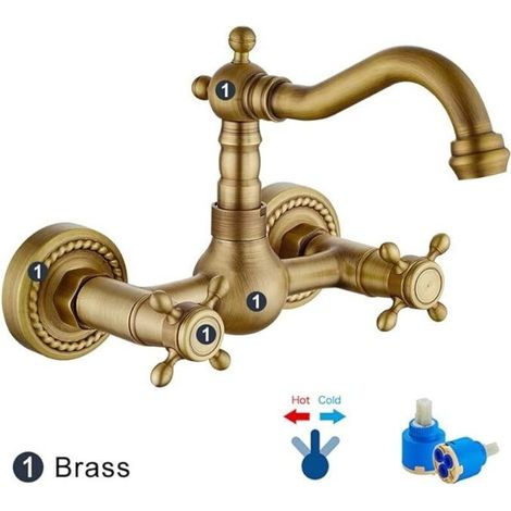 Robinet mural vintage en laiton – Mélangeur eau chaude et froide – Bec pivotant 180° – Compatible chauffe-eau instantanés (1/4)