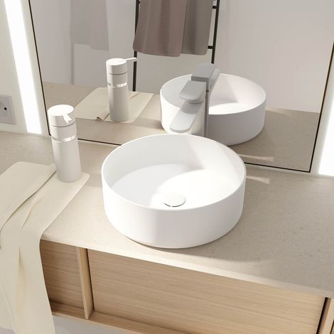 Lavabo de Sobreponer Redondo en Cerámica Blanca Mate - Ø36cm x 12cm (1/4)