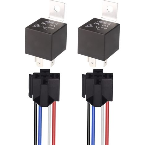 Relé para automóvil JD2912 de 24 V y 40 A SPST de 4 pines con enchufe de 12 AWG, relé para motor de vehículo de 4 pines con cables, relé de conmutación, paquete de 2 (1/5)