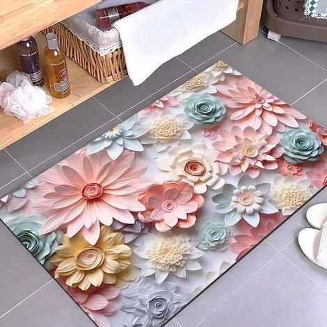 Tapis de bain en diatomite – Absorbant, antidérapant et résistant à la saleté, motif grand chrysanthème rose (50 x 80 cm) pour entrée de salle de bains-lsw