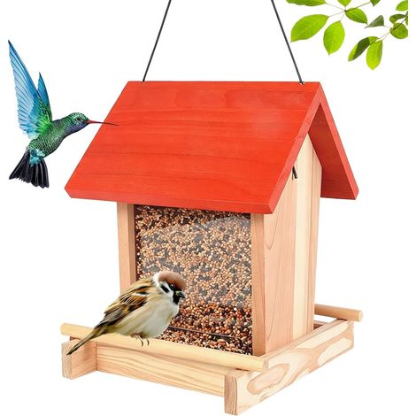 Mangeoire Oiseaux Extérieur en Bois 16x20x21,5 cm à Suspendre, Abri d’Alimentation pour Oiseaux Sauvages, Résistant aux Intempéries, Jardin, Terrasse & Balcon (1/5)