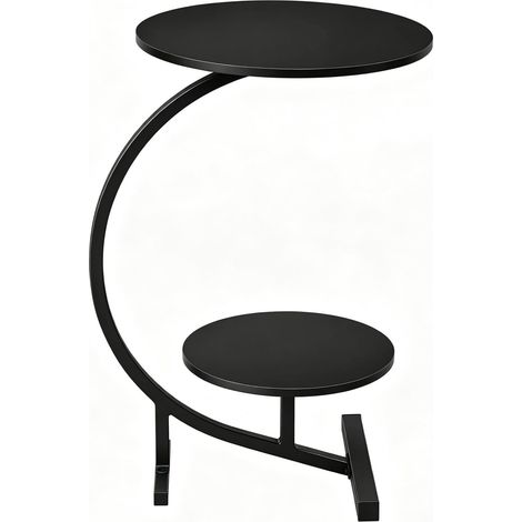 Mesa auxiliar redonda de dos niveles de MDF y metal negro, 66 cm (1/5)