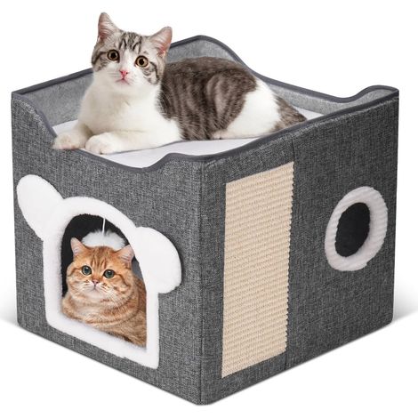 Cat Beds for Indoor Cats, Large Cat House Foldable Cat Cave with Scratch Pad and Hanging Fluffy Ball, Reversible Cushion Hideaway for Pet Cats, 16.5x16.5x13.2 inches, Dark Grey (1/5)