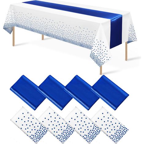 Nappe Jetable - Nappe En Plastique PEVA Et Ruban Satiné - 54 X 108 Pouces - 12 X 108 Pouces - Blanc Et Bleu Royal À Points - Lot De 8 Pièces (1/5)