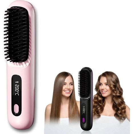 Lisseur sans fil - Peigne lissant - Brosse chauffante - Brosse de séchage - Chauffage céramique MCH - Ions négatifs - Trois réglages de température - Rechargeable par USB - Rose (1/5)
