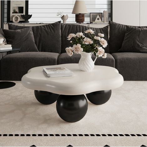 Mesa de centro 80x80x35 cm blanco y negro en MDF y plástico con forma de nube y patas esféricas (1/5)