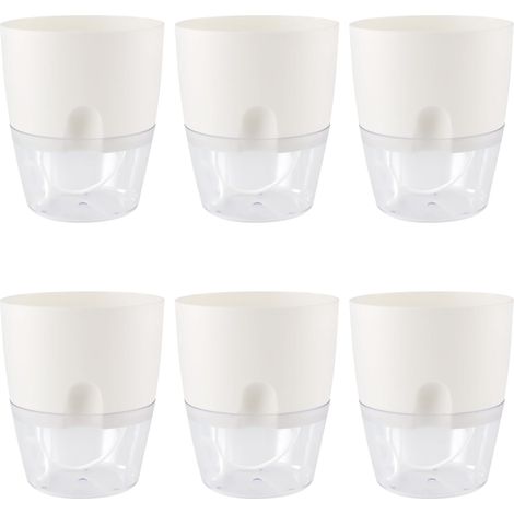 Pots à réserve d'eau, blancs, 15 cm, pot à herbes aromatiques avec réservoir d'eau, pot à fleurs à réserve d'eau avec système d'irrigation pour plantes d'intérieur, lot de 6 (1/5)