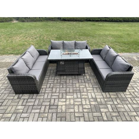 Fimous Polyrattan Gartenmöbel Set mit Gasfeuerstelle Esstisch 4 Stücke Garten Sofa im Freien Set Dunkelgrau Gemischt (1/5)