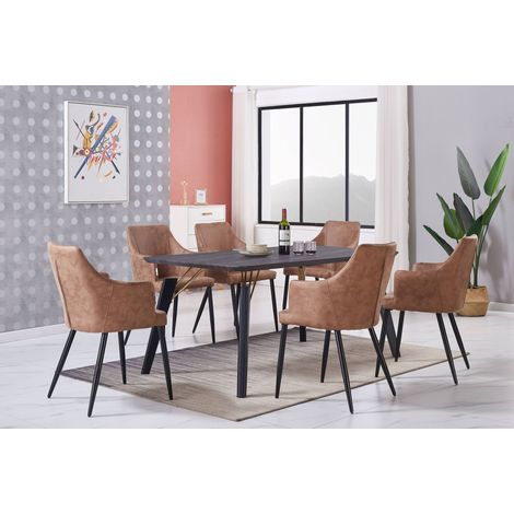 Cosmo LUX Zarah Dining Set - un tavolo da pranzo in legno nero e un set di 6 sedie da pranzo in pelle marrone - Sala da pranzo Cucina (1/5)
