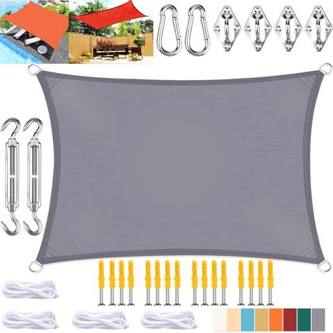 Voile d'ombrage rectangulaire, toile imperméable avec protection UV et kit de fixation, pour terrasse et jardin extérieur, grise, 3 x 6 m (1/5)
